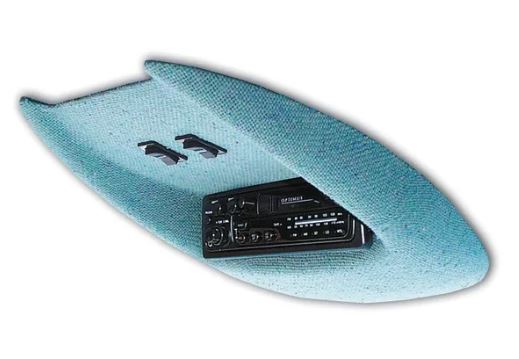 Blue overhead console trim designed to fit in vehicles, with a black switch or control panel.