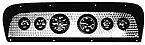 Dash panel with multiple circular gauges, each displaying various readings. Black and white design, conveying a classic and technical feel.